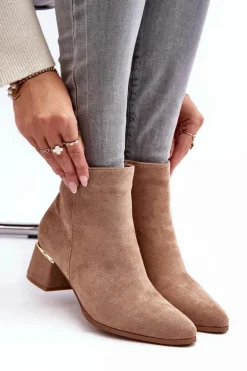 Zamszowe Damskie Botki Na Obcasie Beżowe Mebassa
