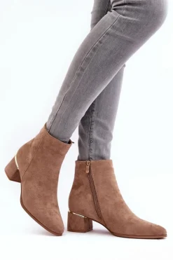 Zamszowe Damskie Botki Na Obcasie Beżowe Mebassa