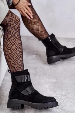 Zamszowe Damskie Botki Na Suwak Czarne Gritta