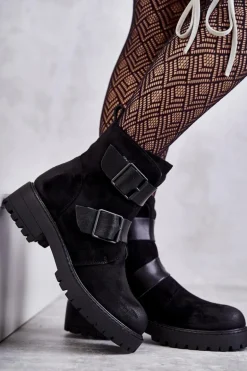 Zamszowe Damskie Botki Na Suwak Czarne Gritta