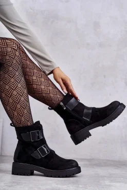 Zamszowe Damskie Botki Na Suwak Czarne Gritta