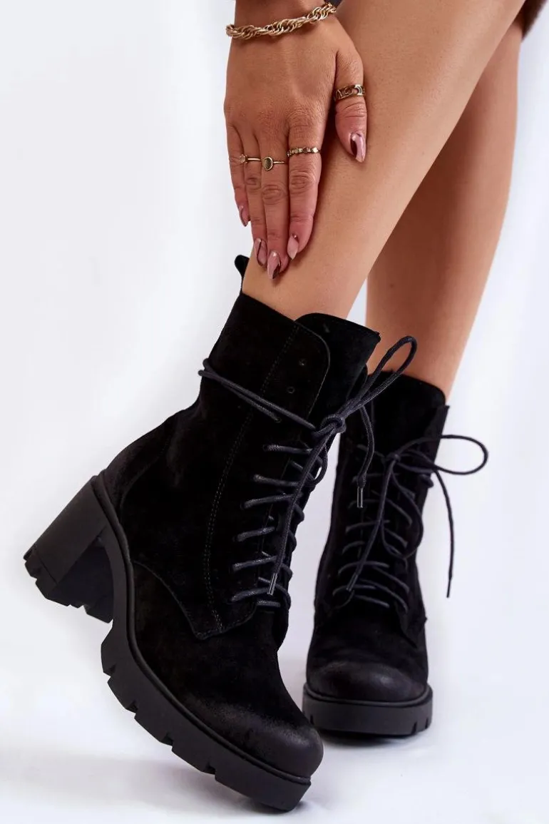 Zamszowe Damskie Botki Na Obcasie Czarne Rea