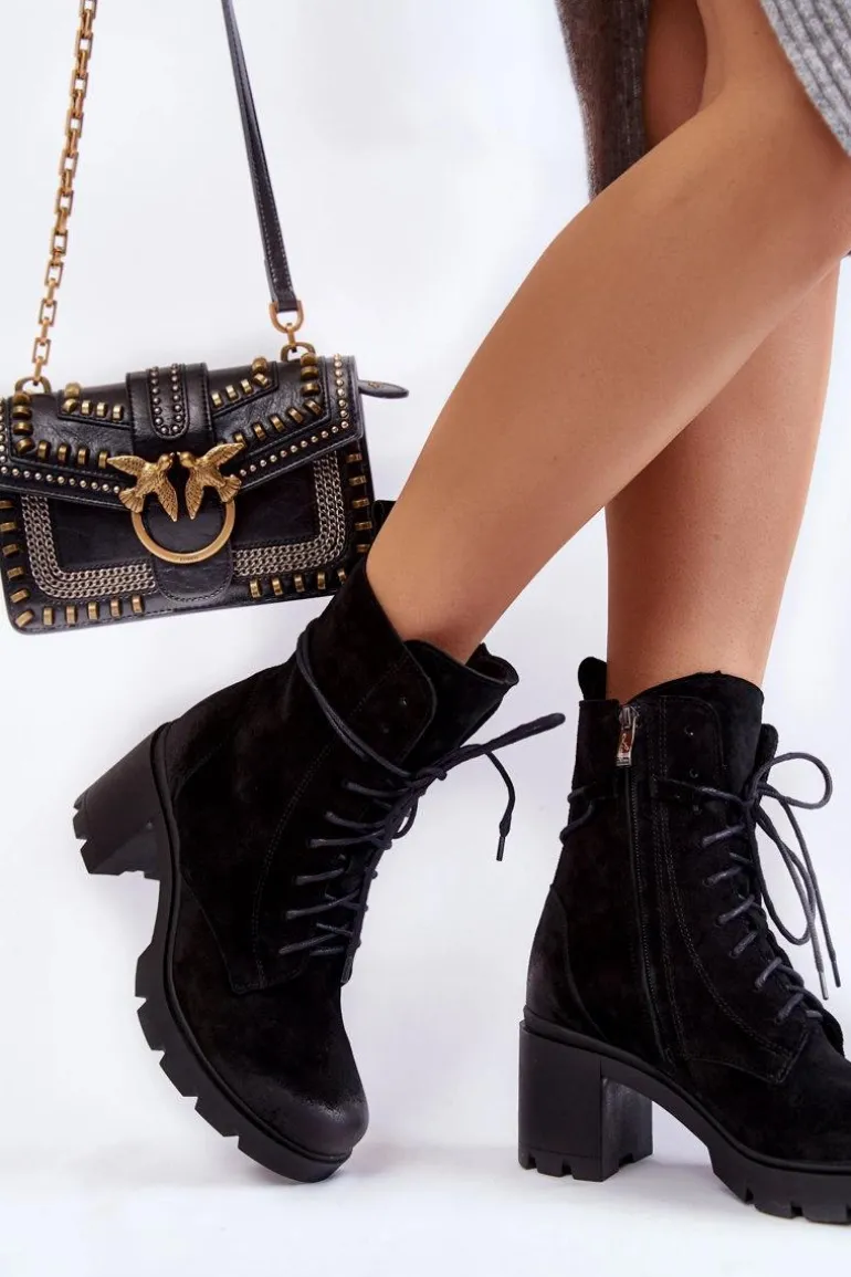 Zamszowe Damskie Botki Na Obcasie Czarne Rea