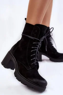 Zamszowe Damskie Botki Na Obcasie Czarne Rea