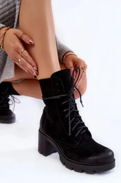 Zamszowe Damskie Botki Na Obcasie Czarne Rea