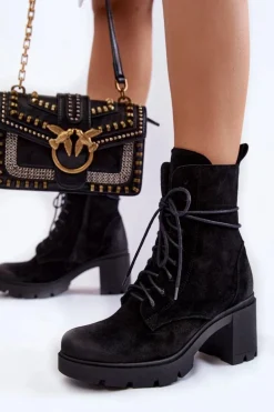 Zamszowe Damskie Botki Na Obcasie Czarne Rea