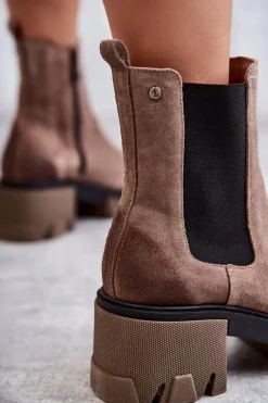 Zamszowe Damskie Botki Na Platformie Beżowe Lemar Hilde