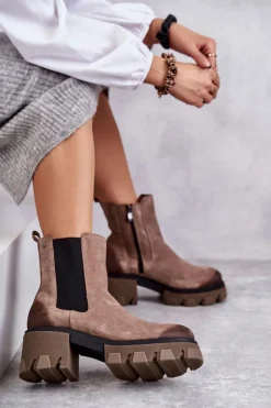 Zamszowe Damskie Botki Na Platformie Beżowe Lemar Hilde