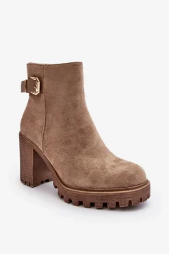 Zamszowe Damskie Botki Na Słupku Z Ozdobą Beżowe Menoria