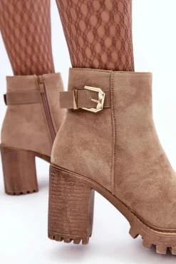 Zamszowe Damskie Botki Na Słupku Z Ozdobą Beżowe Menoria