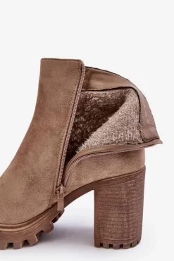 Zamszowe Damskie Botki Na Słupku Z Ozdobą Beżowe Menoria