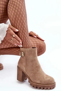 Zamszowe Damskie Botki Na Słupku Z Ozdobą Beżowe Menoria