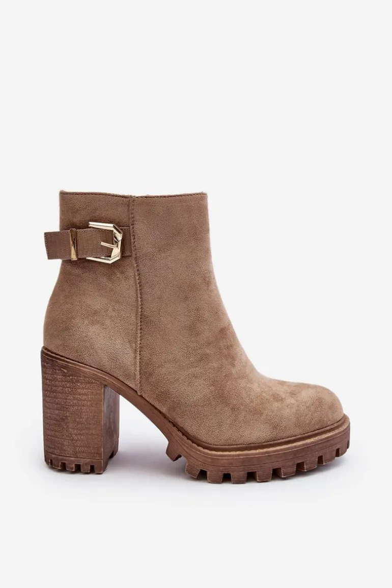 Zamszowe Damskie Botki Na Słupku Z Ozdobą Beżowe Menoria