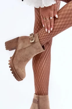 Zamszowe Damskie Botki Na Słupku Z Ozdobą Beżowe Menoria