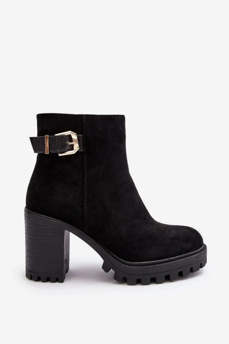 Zamszowe Damskie Botki Na Słupku Z Ozdobą Czarne Menoria