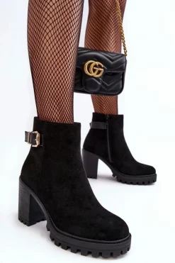Zamszowe Damskie Botki Na Słupku Z Ozdobą Czarne Menoria