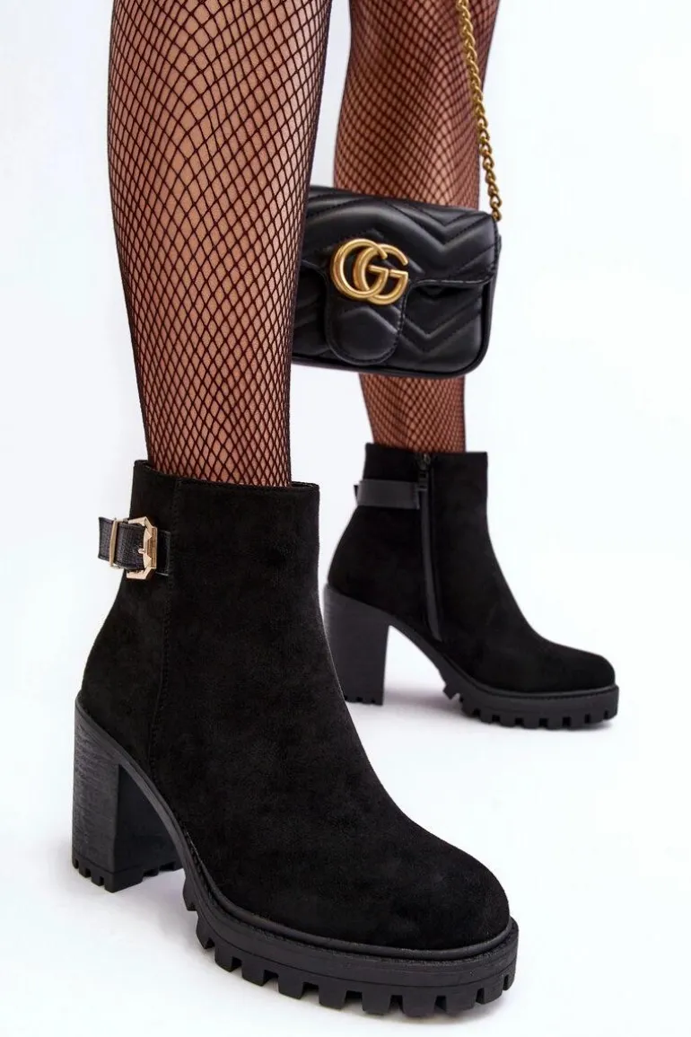 Zamszowe Damskie Botki Na Słupku Z Ozdobą Czarne Menoria