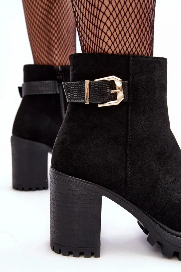 Zamszowe Damskie Botki Na Słupku Z Ozdobą Czarne Menoria