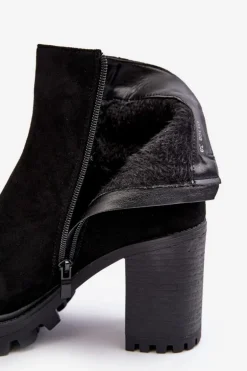 Zamszowe Damskie Botki Na Słupku Z Ozdobą Czarne Menoria