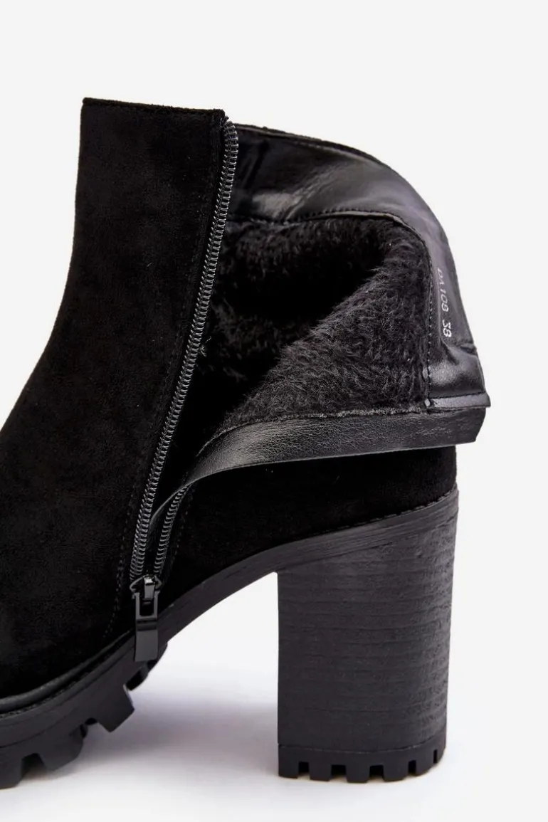 Zamszowe Damskie Botki Na Słupku Z Ozdobą Czarne Menoria