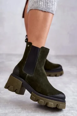 Zamszowe Damskie Botki Na Platformie Khaki Lemar Hilde