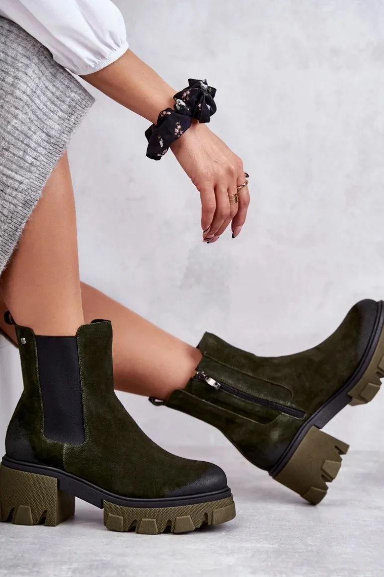 Zamszowe Damskie Botki Na Platformie Khaki Lemar Hilde