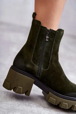 Zamszowe Damskie Botki Na Platformie Khaki Lemar Hilde
