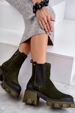 Zamszowe Damskie Botki Na Platformie Khaki Lemar Hilde