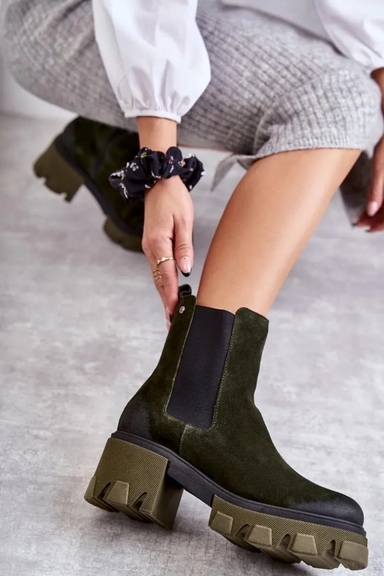 Zamszowe Damskie Botki Na Platformie Khaki Lemar Hilde