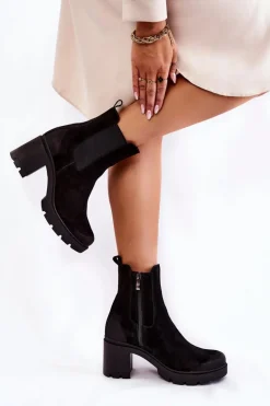 Zamszowe Damskie Botki Na Platformie Czarne Lemar Martine