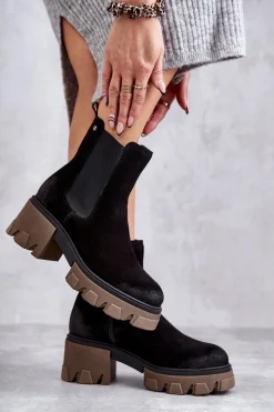 Zamszowe Damskie Botki Na Platformie Czarne Lemar Hilde
