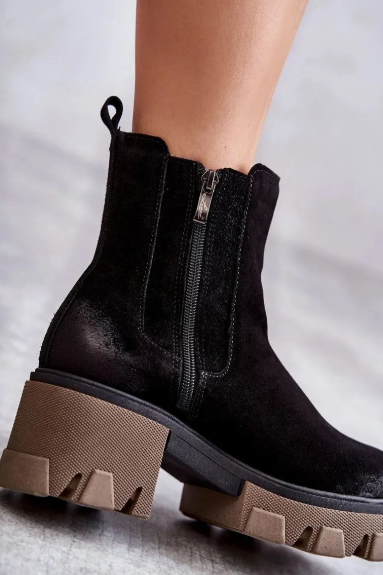 Zamszowe Damskie Botki Na Platformie Czarne Lemar Hilde