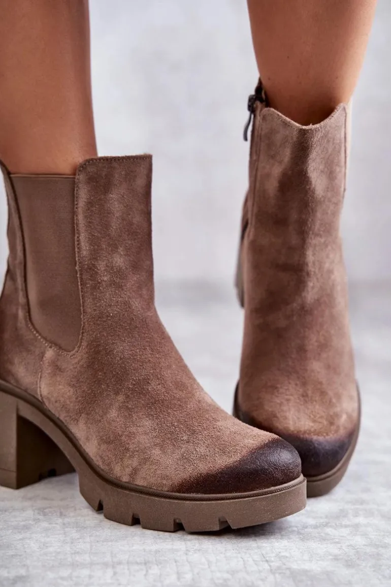 Zamszowe Damskie Botki Na Platformie Beżowe Lemar Martine