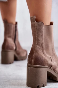 Zamszowe Damskie Botki Na Platformie Beżowe Lemar Martine