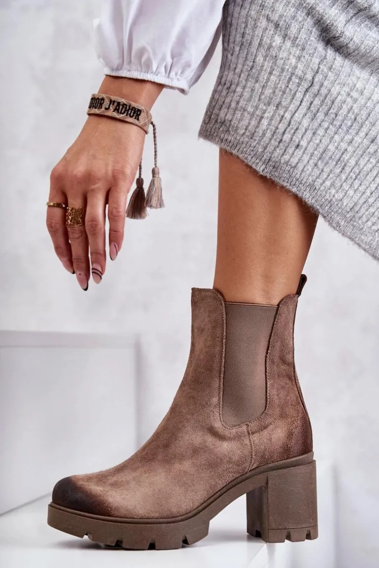 Zamszowe Damskie Botki Na Platformie Beżowe Lemar Martine