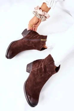 Zamszowe Damskie Botki Ocieplane Brązowe Hillbrook