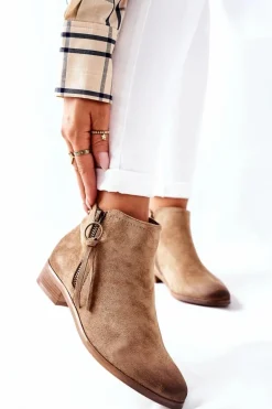 Zamszowe Damskie Botki Ocieplane Beżowe Janice