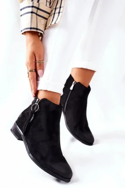 Zamszowe Damskie Botki Ocieplane Czarne Janice