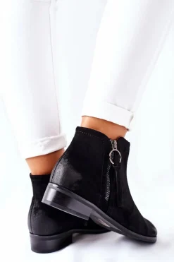 Zamszowe Damskie Botki Ocieplane Czarne Janice