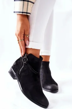 Zamszowe Damskie Botki Ocieplane Czarne Janice