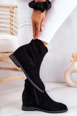 Zamszowe Damskie Botki Ukryty Koturn Czarne Solene