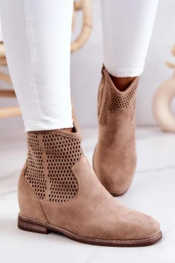 Zamszowe Damskie Botki Ukryty Koturn Beżowe Solene