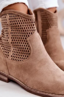 Zamszowe Damskie Botki Ukryty Koturn Beżowe Solene