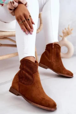 Zamszowe Damskie Botki Ukryty Koturn Camel Solene
