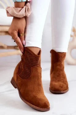 Zamszowe Damskie Botki Ukryty Koturn Camel Solene
