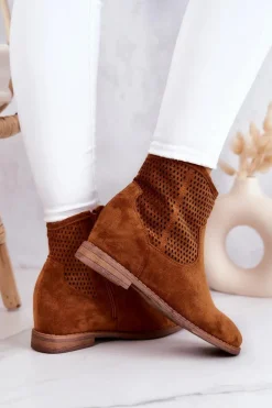 Zamszowe Damskie Botki Ukryty Koturn Camel Solene