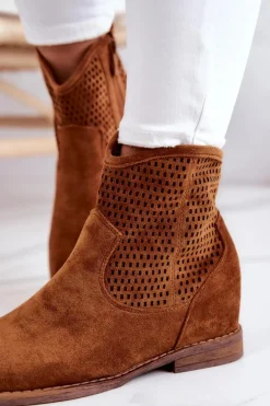 Zamszowe Damskie Botki Ukryty Koturn Camel Solene