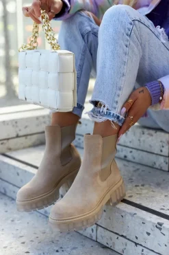 Zamszowe Damskie Botki Workery Jasnobeżowe Kennel