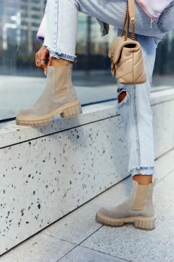 Zamszowe Damskie Botki Workery Jasnoszare Kennel