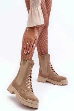 Zamszowe Damskie Botki Workery Sznurowane Beżowe Nicole 2836